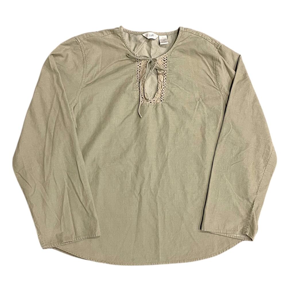 J Jill Corduroy Tie Blouse Size L Beige Boho Cottage Peasant Renaissance Folk
